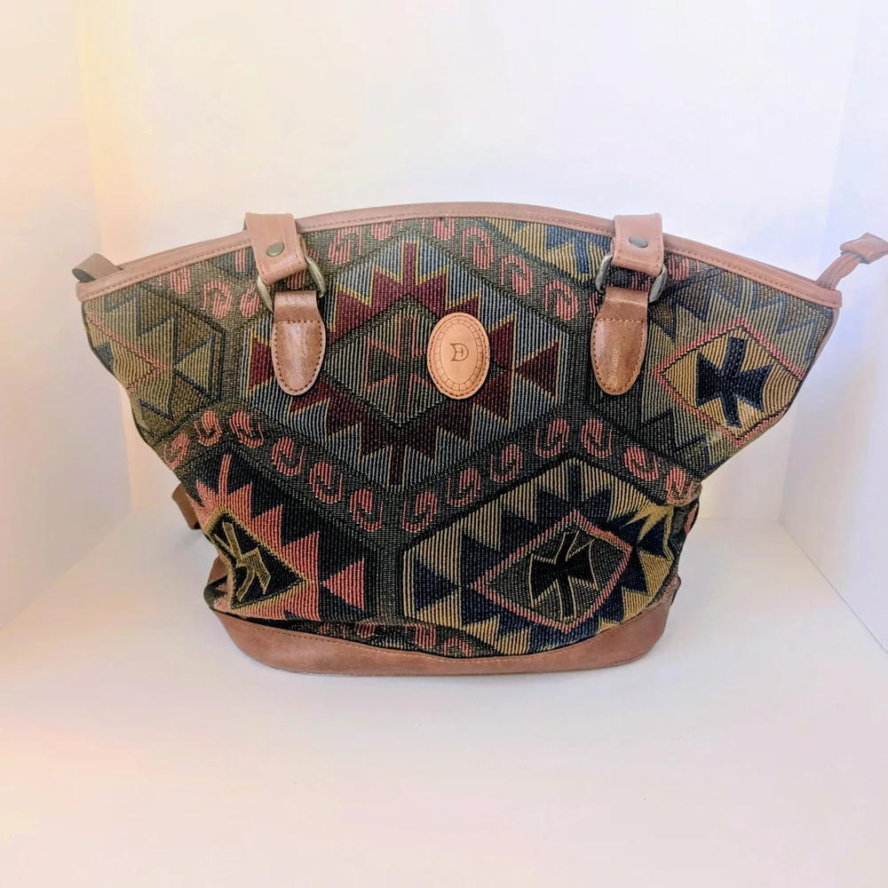 Vintage Tote Bag Southwestern Tapestry Leather Trim Aztec Pattern Boho Style